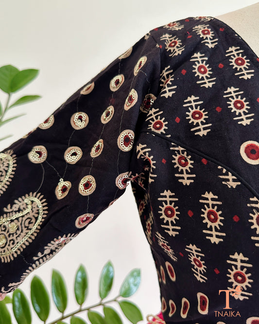 ajrakh blouse back tie up tassel design