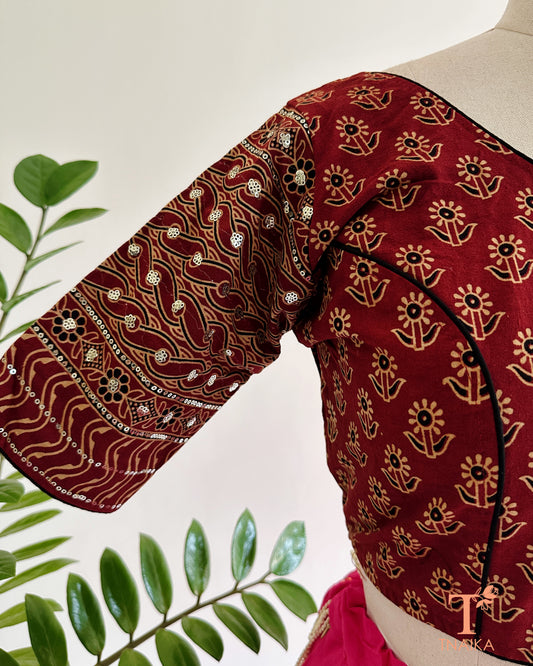 ajrakh blouse sleeve sequence detailing close up