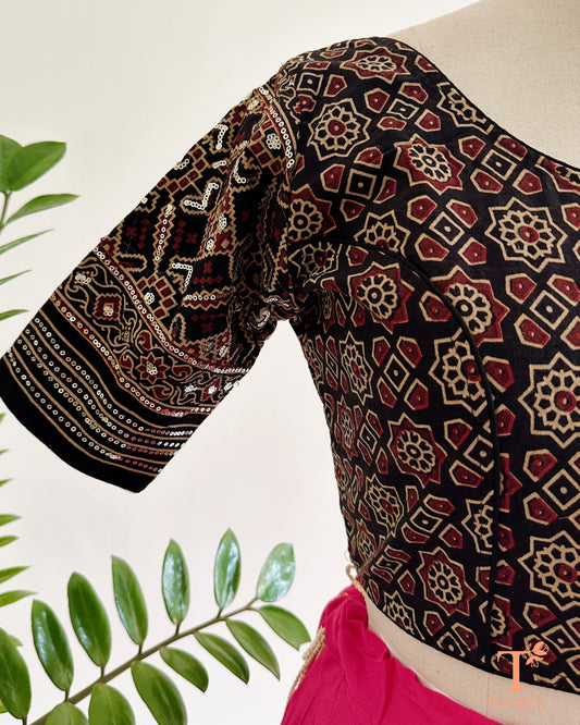 ajrakh blouse back tie up tassel design