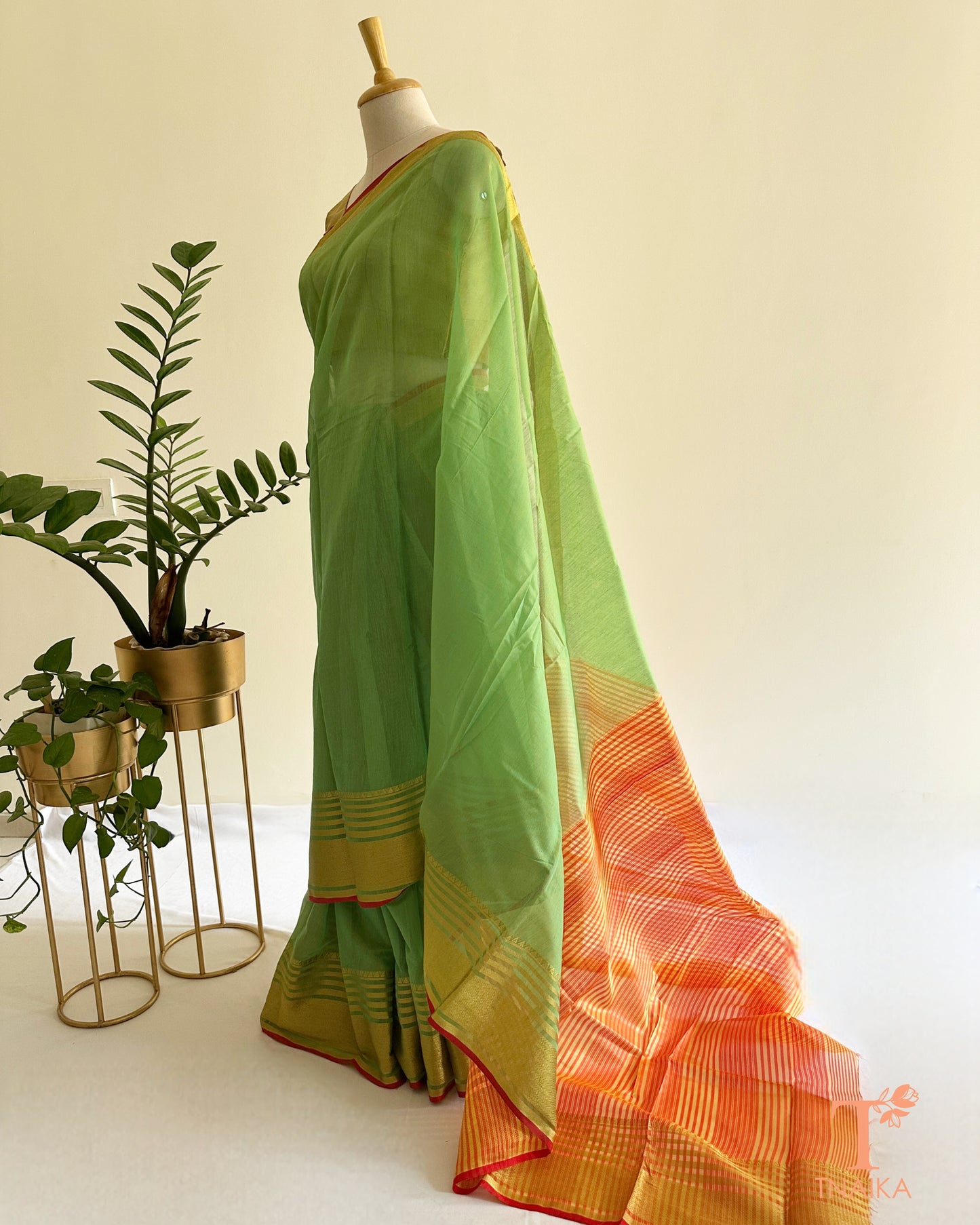 traditional maheshwari saree green and orange