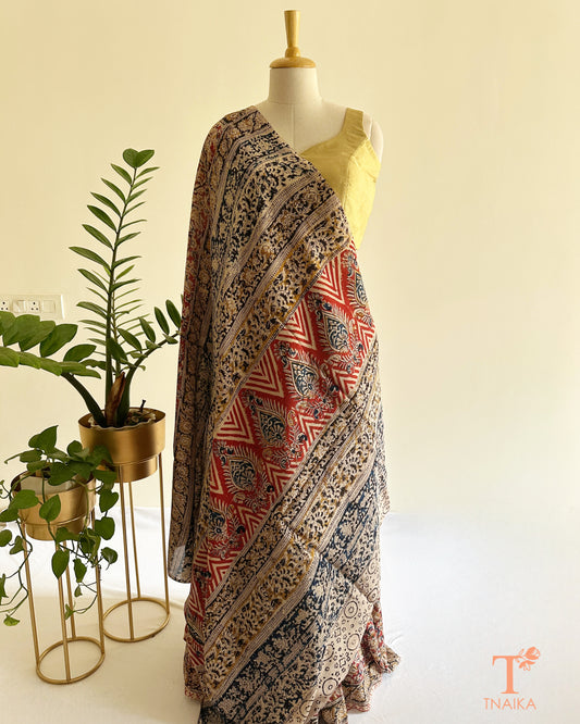 printed kalamkari saree with ethnic motifs