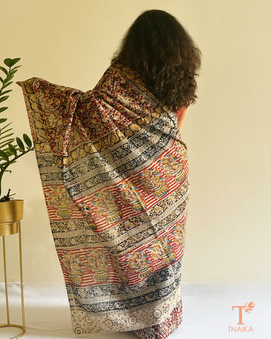 Full drape view of earthy Chennur silk Kalamkari saree