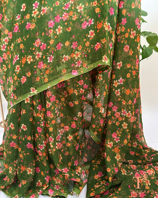 airy chiffon saree with all-over floral print