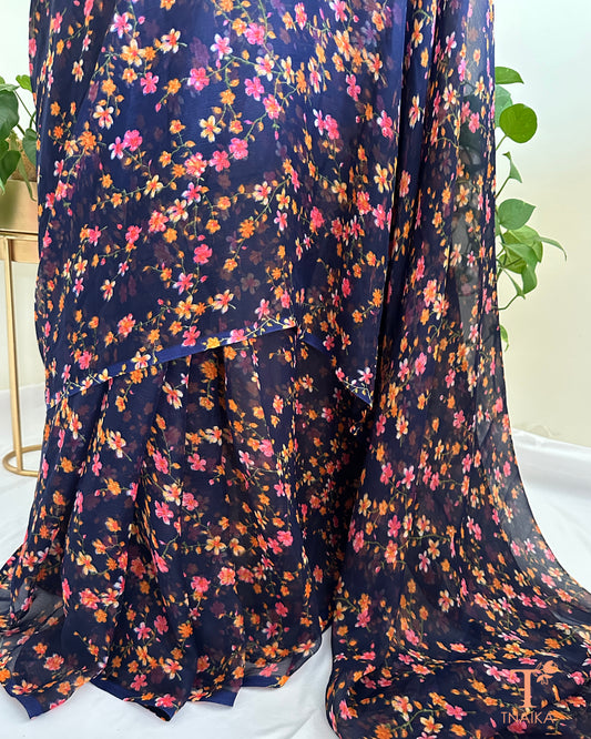 Chiffon Blosson Saree - Blue