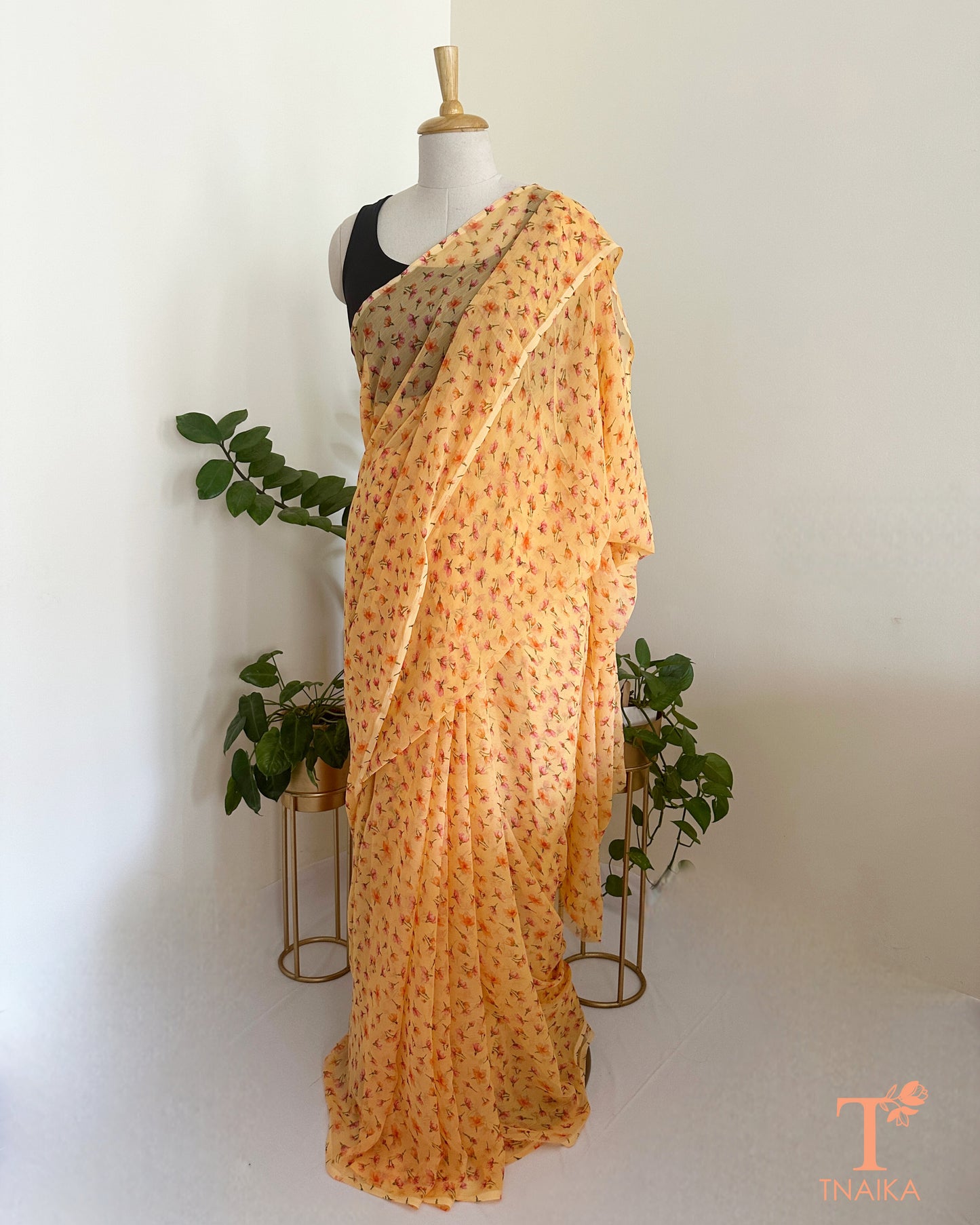 airy chiffon saree with all-over floral print