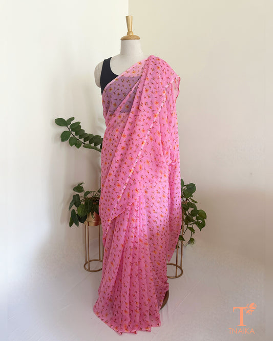 airy chiffon saree with all-over floral print