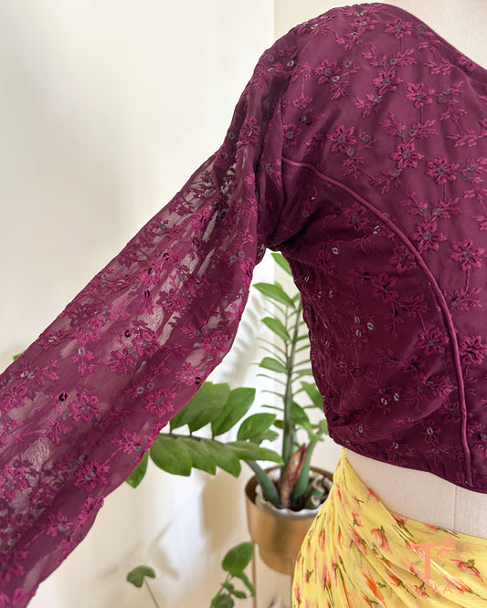 embroidered blouse with sheer net sleeves for saree
