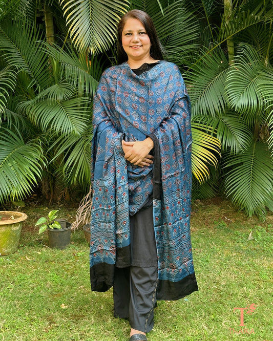 Soft modal silk Ajrakh dupatta with intricate heritage motifs