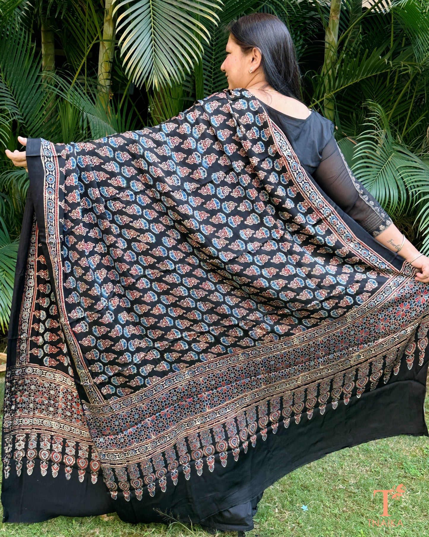 Ajrakh printed modal silk dupatta with traditional block patterns
