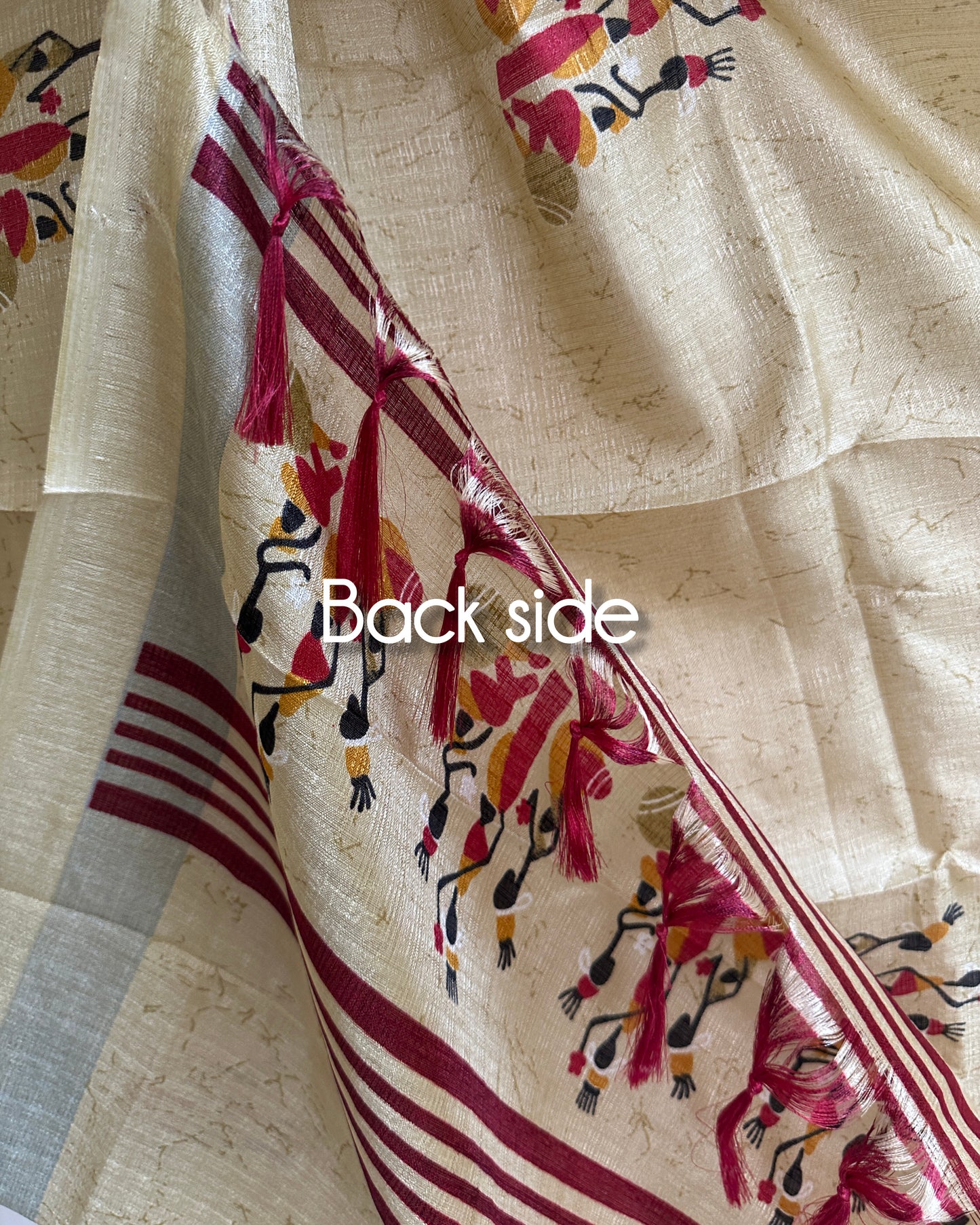 Ethnic dupatta featuring geometric and folk design with tassel finish