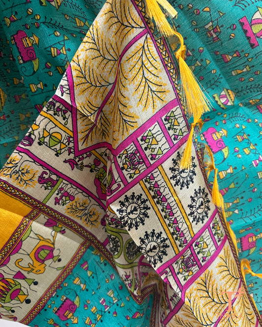 Ethnic dupatta featuring geometric and folk design with tassel finish