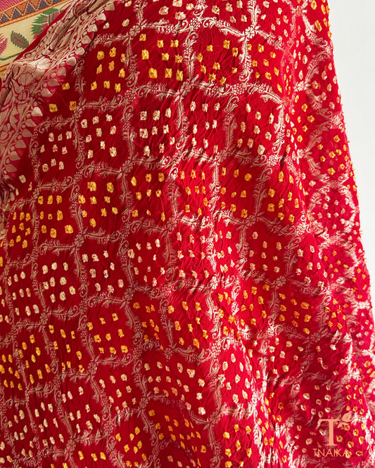 Traditional Kanjiwarm dupatta with woven zari border and textured Bandhej pattern