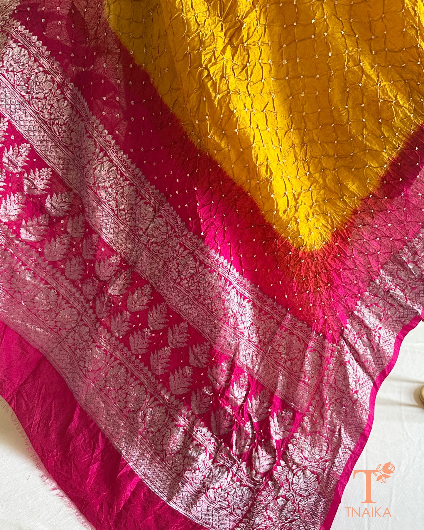 Traditional Kanjiwarm dupatta with woven zari border and textured Bandhej pattern