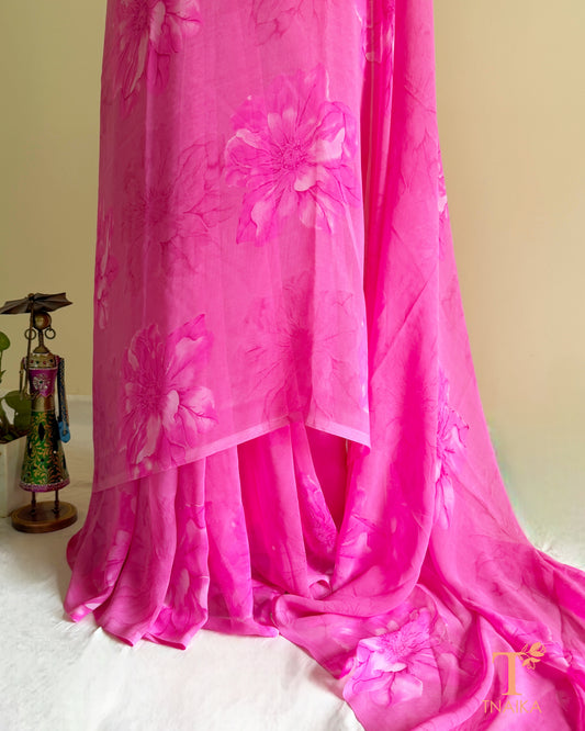 Lightweight floral printed georgette saree in pink