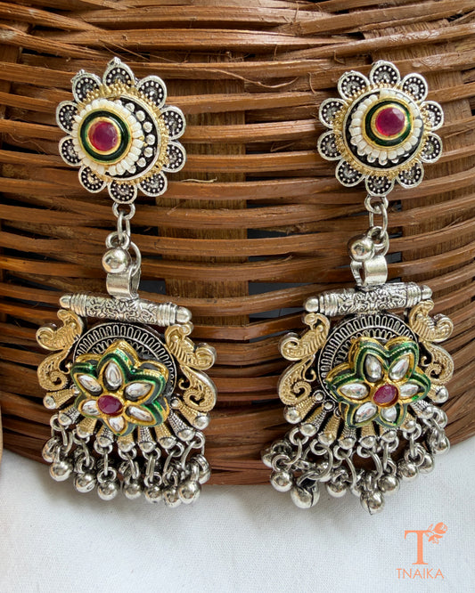 Meena Kundan oxidised statement earrings with floral meenakari accents, kundan detailing and traditional ghungroo drops.