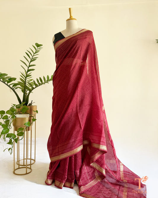 Maheshwari silk hand block printed saree with zari border