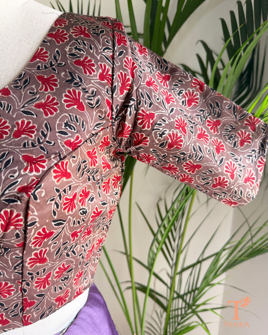 modal silk blouse with heritage geometric hand block print and round neckline.