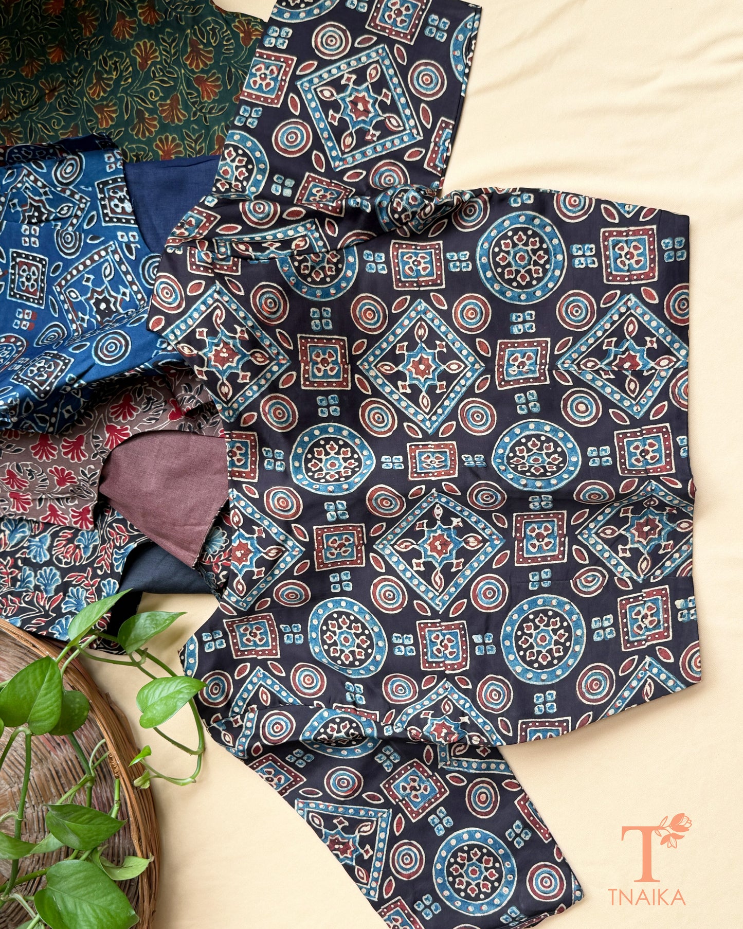 Hand block print modal silk readymade blouse with heritage-inspired motifs and half sleeves.