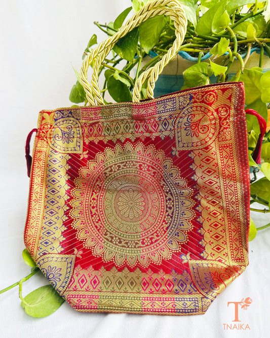 Traditional Banarasi woven fabric convertible handbag featuring dual styling as a tote bag or drawstring potli with rope handles.