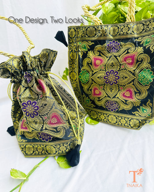 Traditional Banarasi woven fabric convertible handbag featuring dual styling as a tote bag or drawstring potli with rope handles.