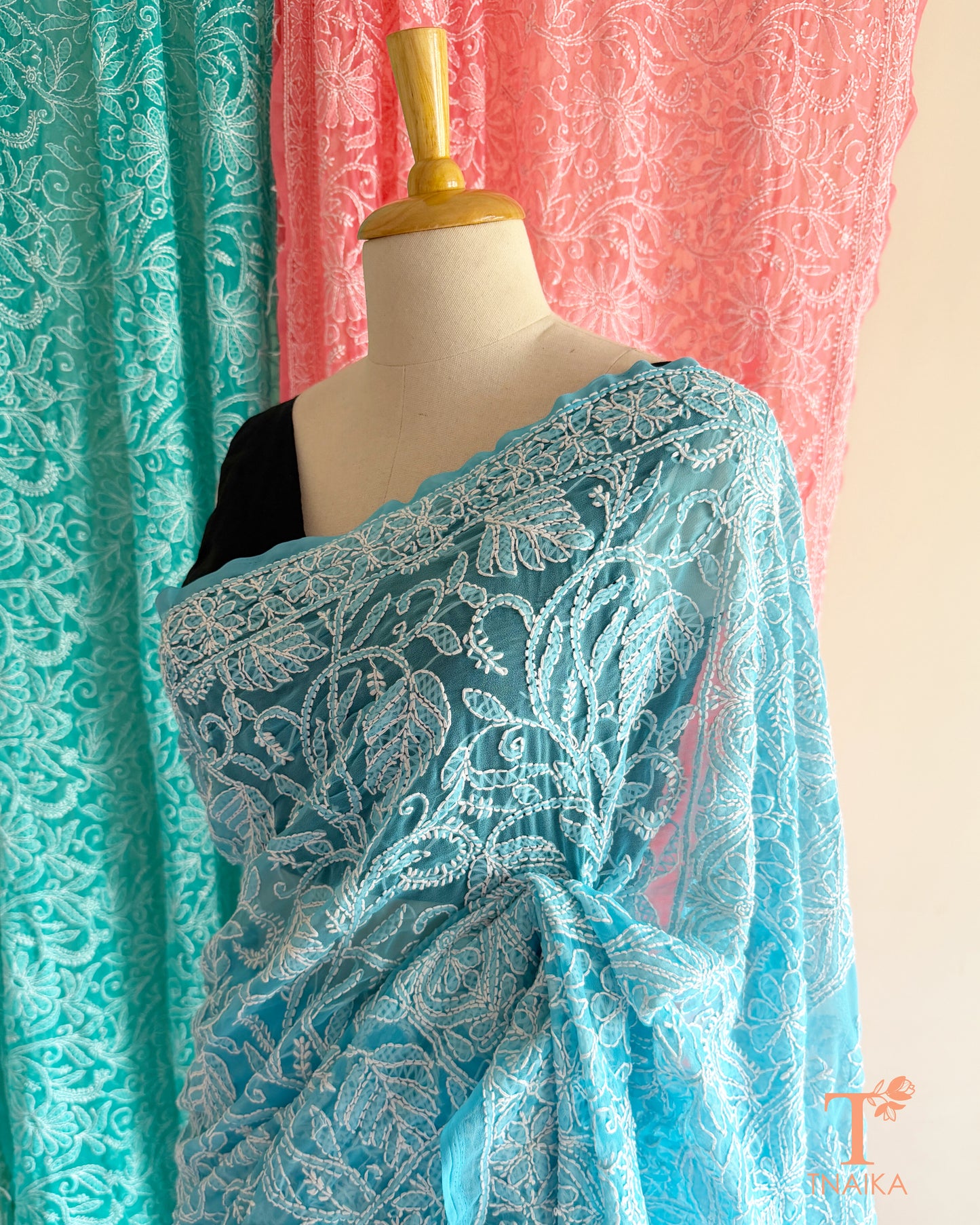 Chikankari saree featuring delicate embroidery on breathable lightweight fabric.