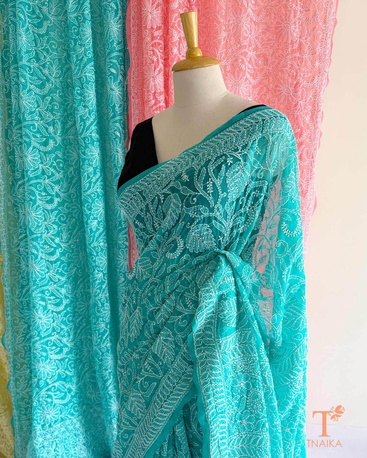 Authentic Chikankari embroidered saree with intricate craftsmanship and elegant appeal.