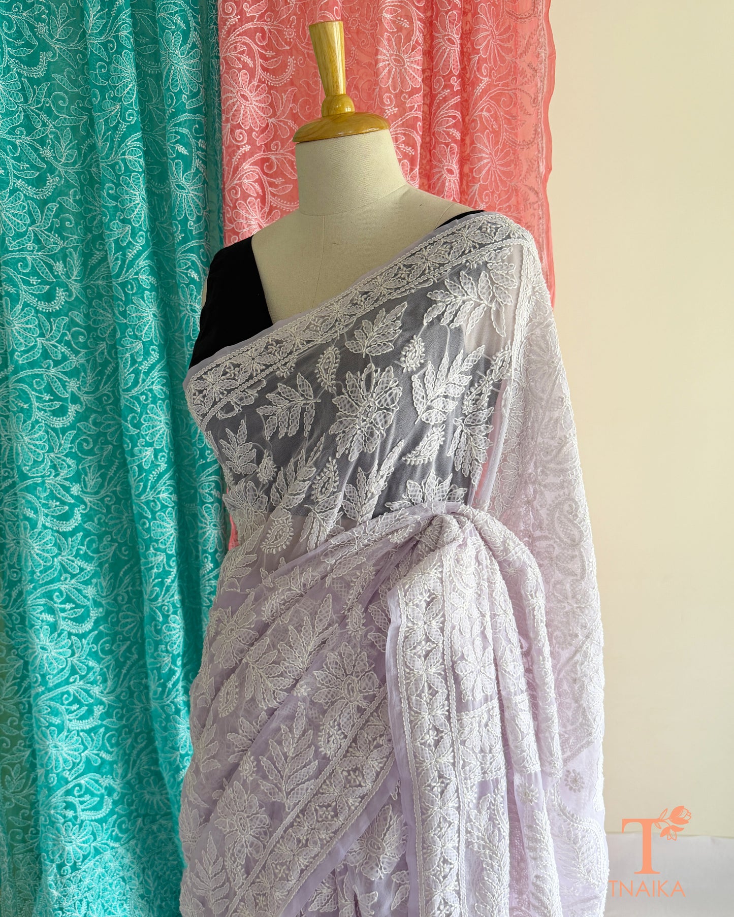 Handcrafted full jaal Lucknowi Chikankari saree for festive and ethnic wear.