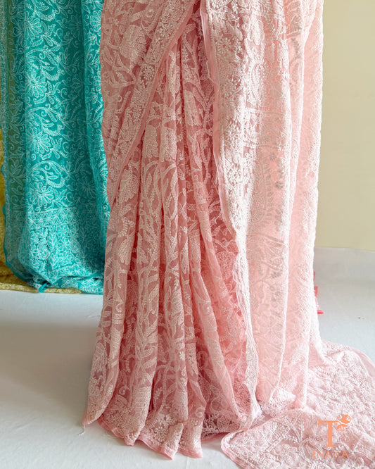 Elegant full jaal embroidered Chikankari saree with handcrafted detailing.