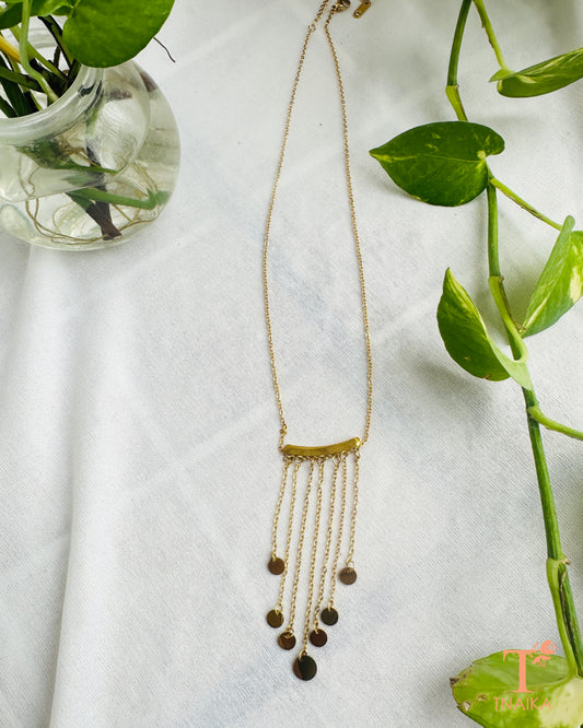 Anti-tarnish layered chain necklace for women featuring a curved bar design and delicate dangling charms.