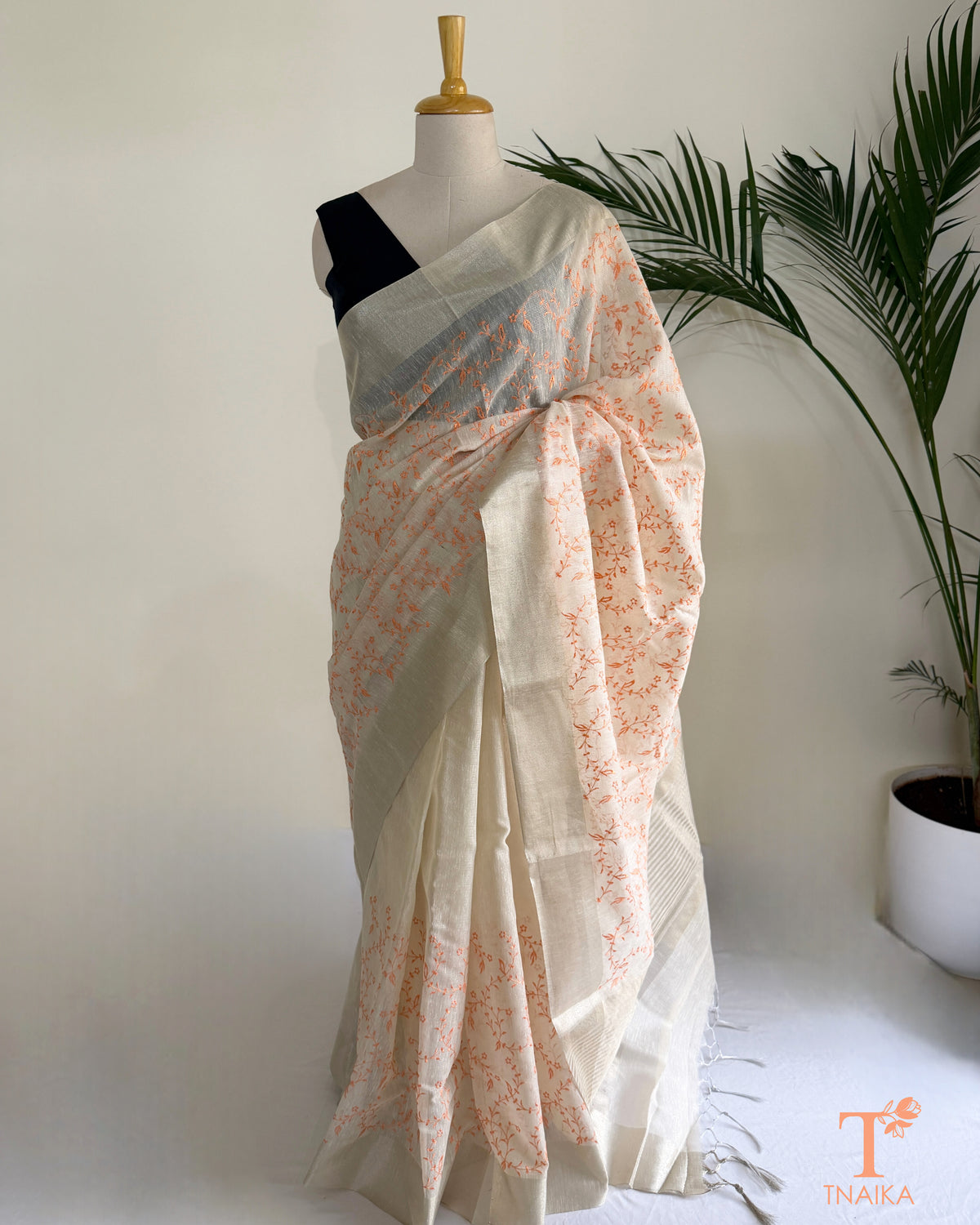 Chanderi saree with leaf jaal work