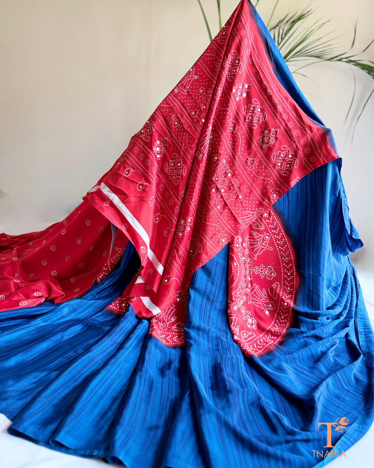 Elegant satin silk saree with colourful printed panels and mirror detailing
