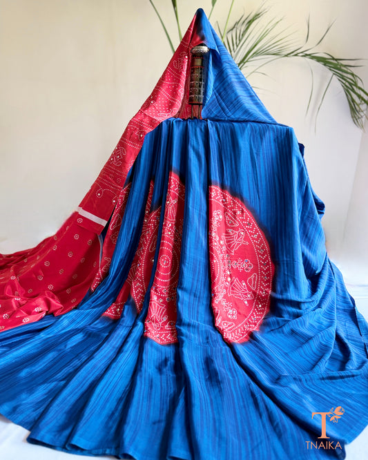 Festive satin silk saree with contrasting print and mirror embellishments