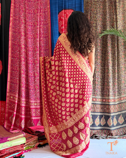 Traditional Bandhani dupion silk saree with rich zari detailing