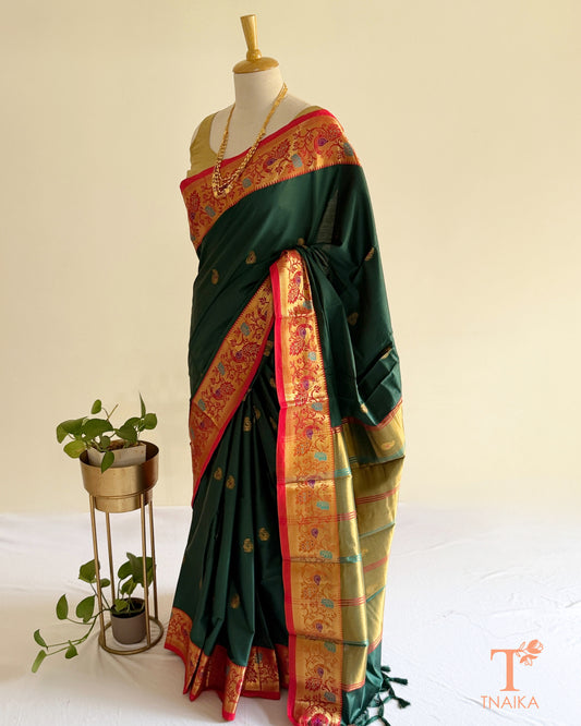 Semi silk saree featuring decorative Paithani-style pallu