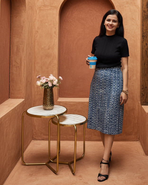 Indigo cotton printed midi skirt for women