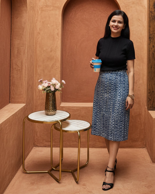Indigo cotton printed midi skirt for women