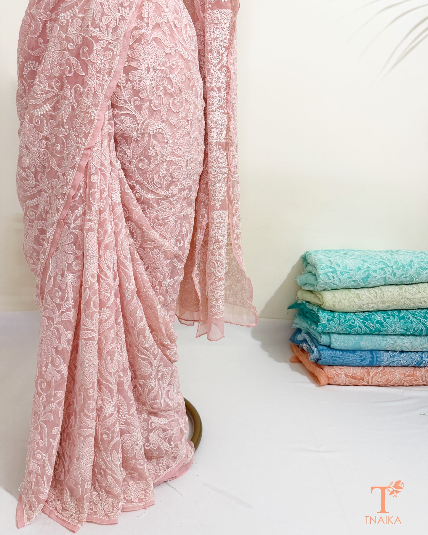 Hand embroidered Lucknowi Chikankari saree in soft blush pink.