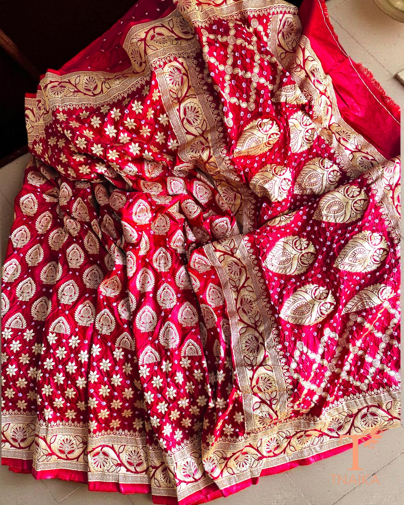 Upada Zari Bandhej Dupion Silk Saree with Banarasi-inspired weave.