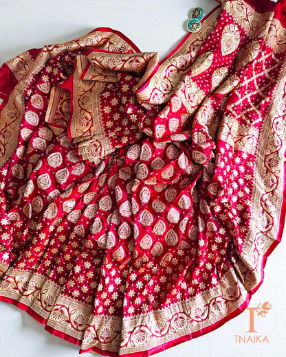 Dupion silk saree featuring Bandhej motifs and zari highlights