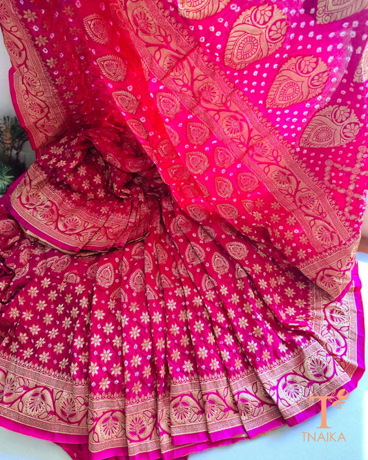 Dupion silk saree featuring Bandhej motifs and zari highlights