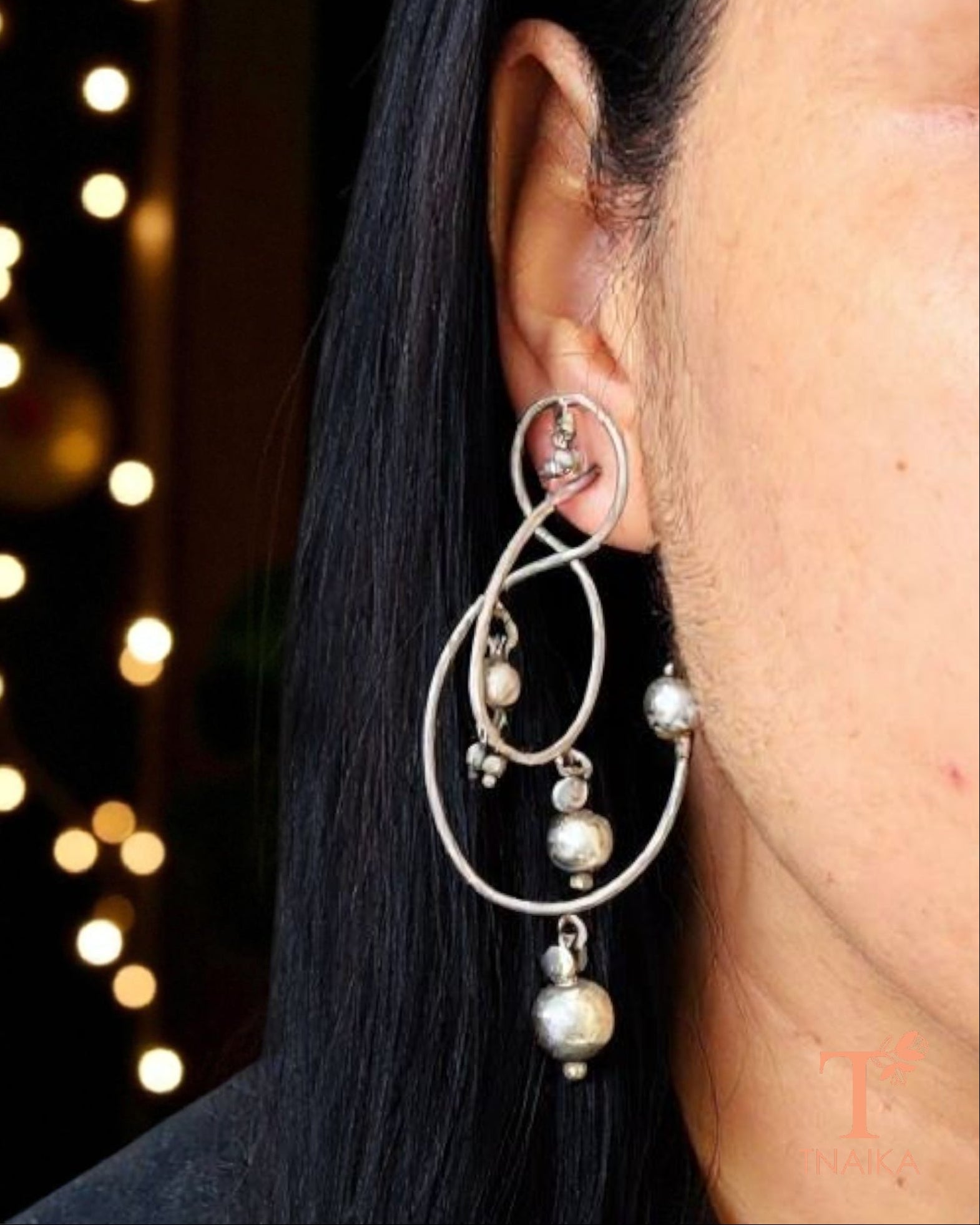 Stylish antique finish oxidised earrings paired with ethnic wear