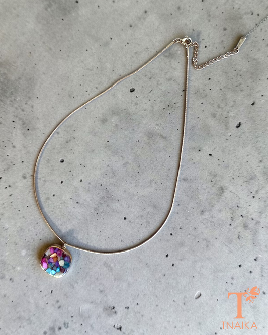 Anti tarnish necklace with colorful resin pendant and delicate chain.