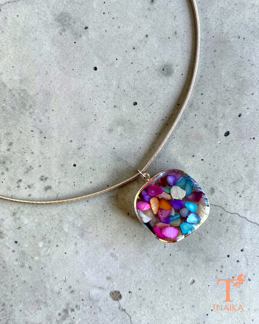 Minimal gold anti tarnish chain necklace with multicolor resin charm.