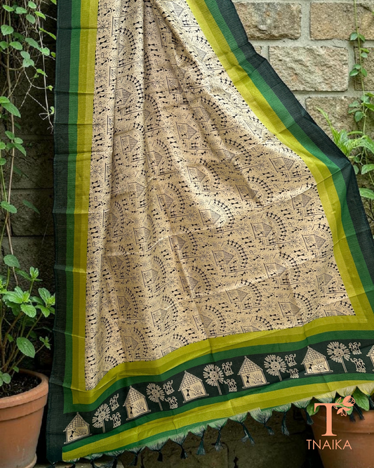 Tribal print dupatta with traditional folk art border and tassels