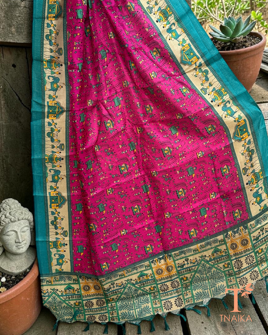 Tribal print dupatta with traditional folk art border and tassels