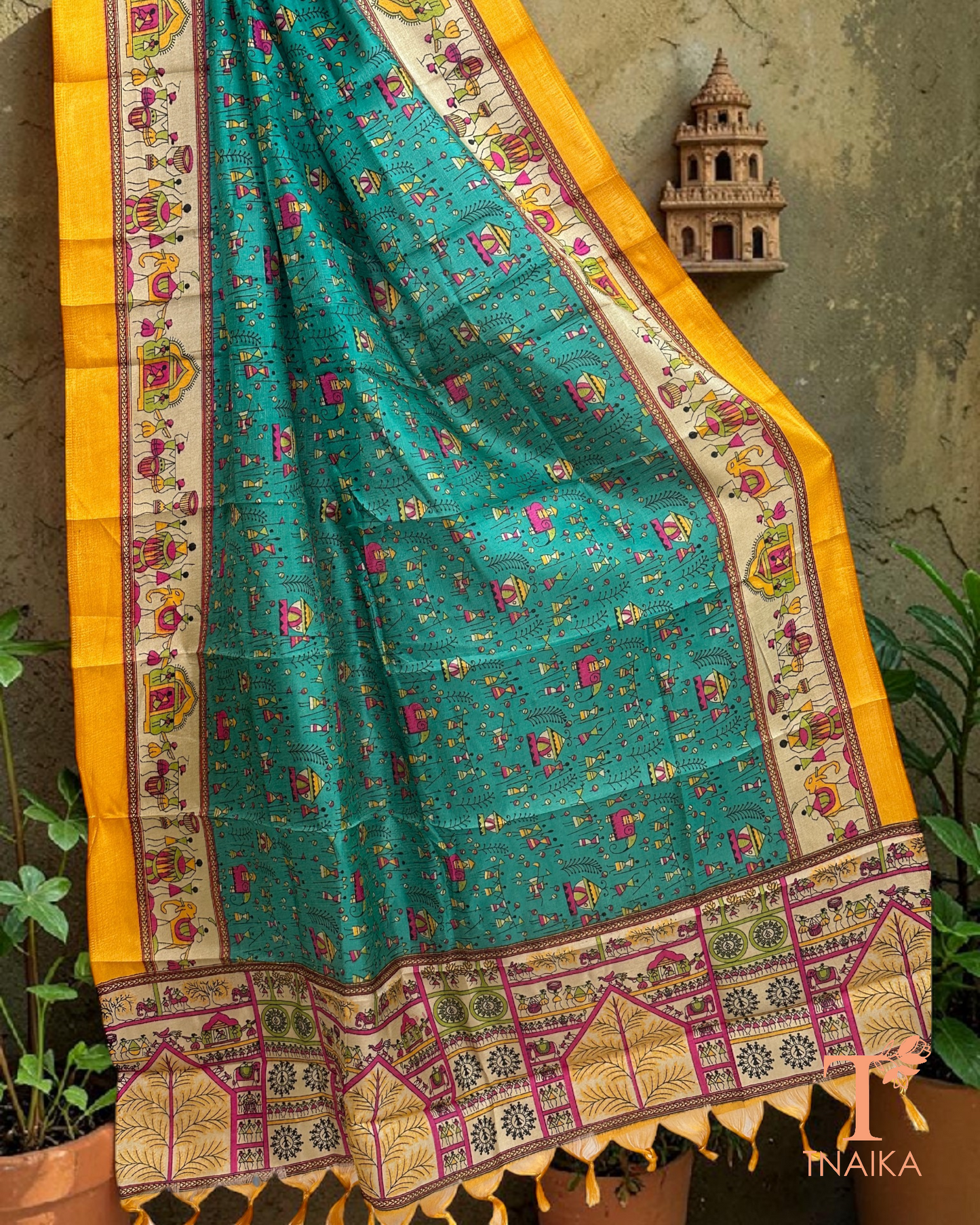 Tribal print dupatta with traditional folk art border and tassels
