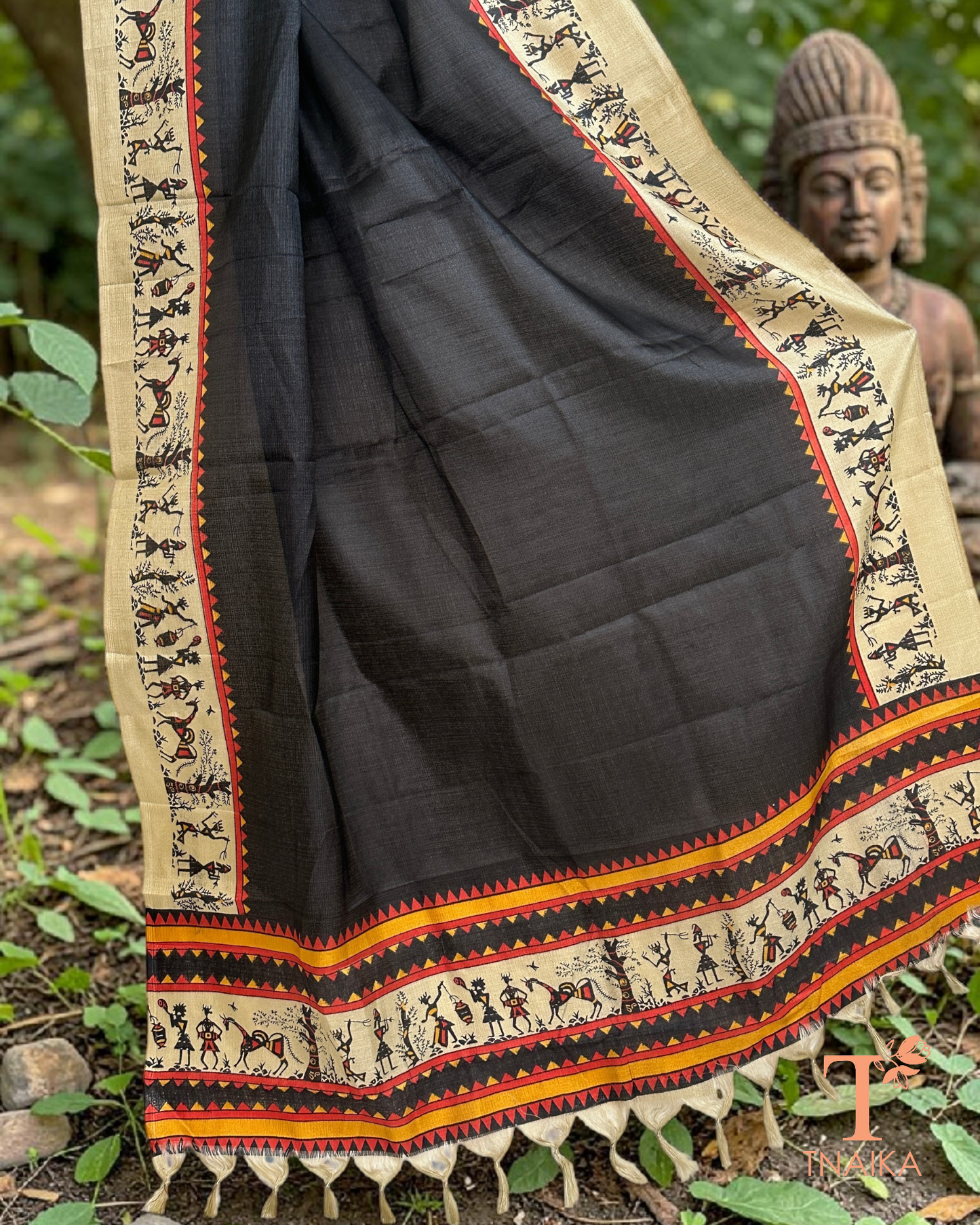 Tribal print dupatta with traditional folk art border and tassels