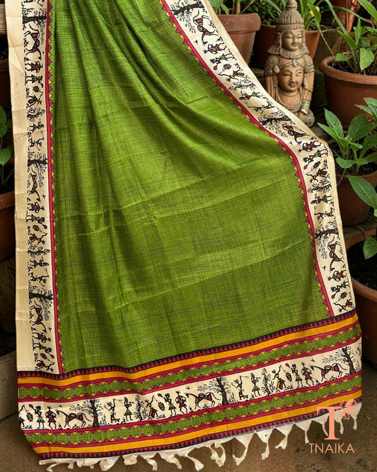 Tribal print dupatta with traditional folk art border and tassels