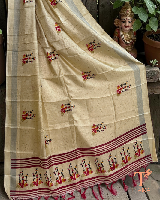 Tribal print dupatta with traditional folk art border and tassels