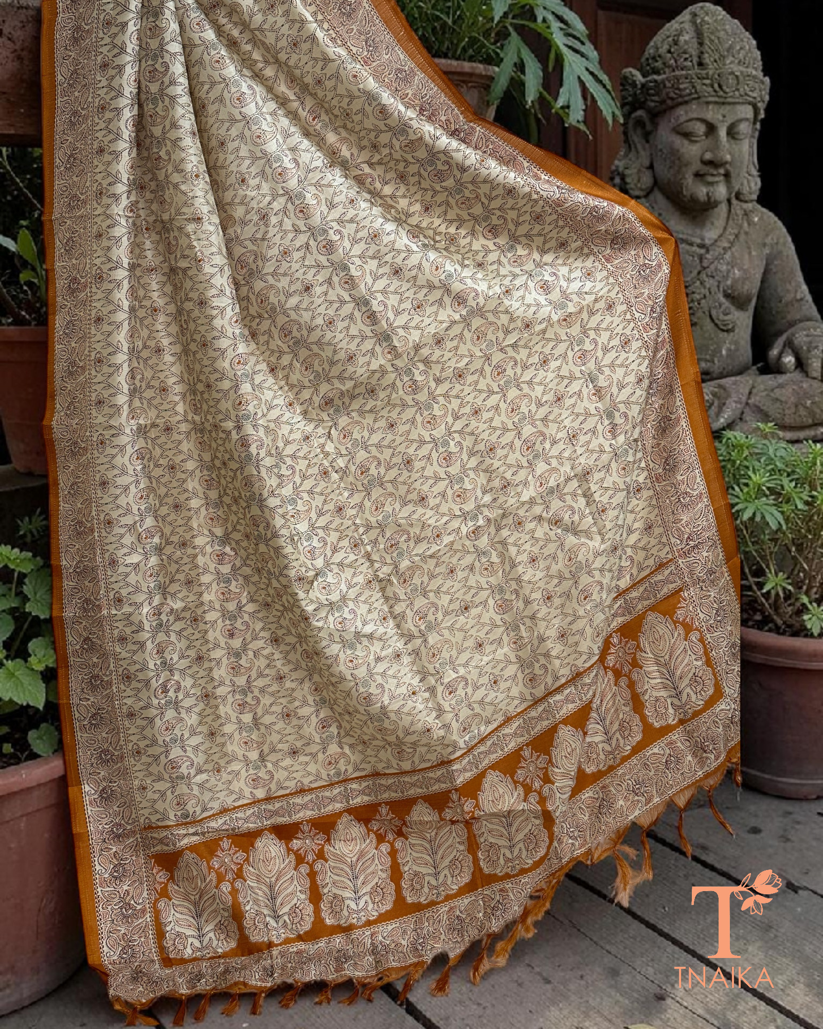 Tribal print dupatta with traditional folk art border and tassels